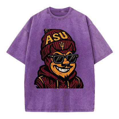 Tempe Sparky wearing Arizona State beanie with fork patch - Vintage T-shirt - Purple