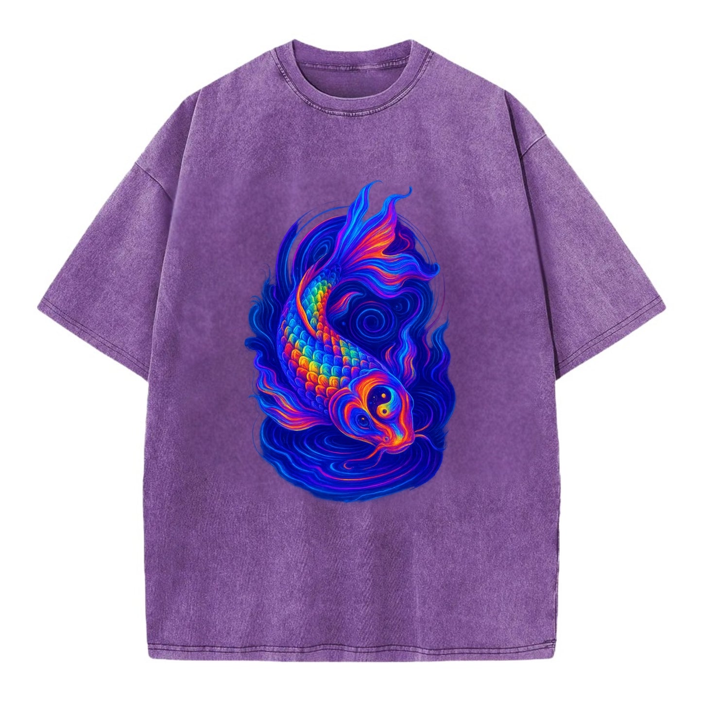 Sacred koi with scales reflecting rainbow prisms, yin-yang patterns in cosmic - Vintage T-shirt - Purple