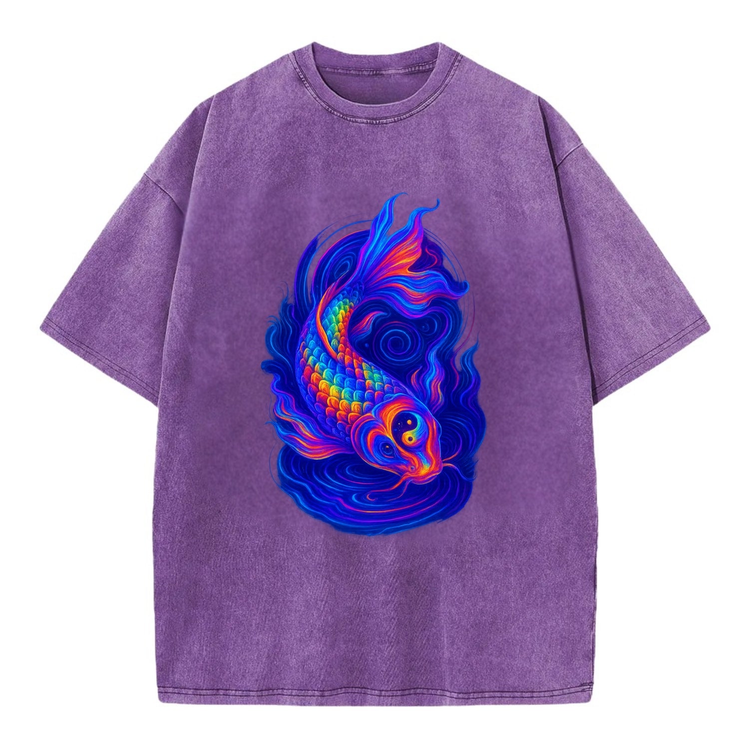 Sacred koi with scales reflecting rainbow prisms, yin-yang patterns in cosmic - Vintage T-shirt - Purple