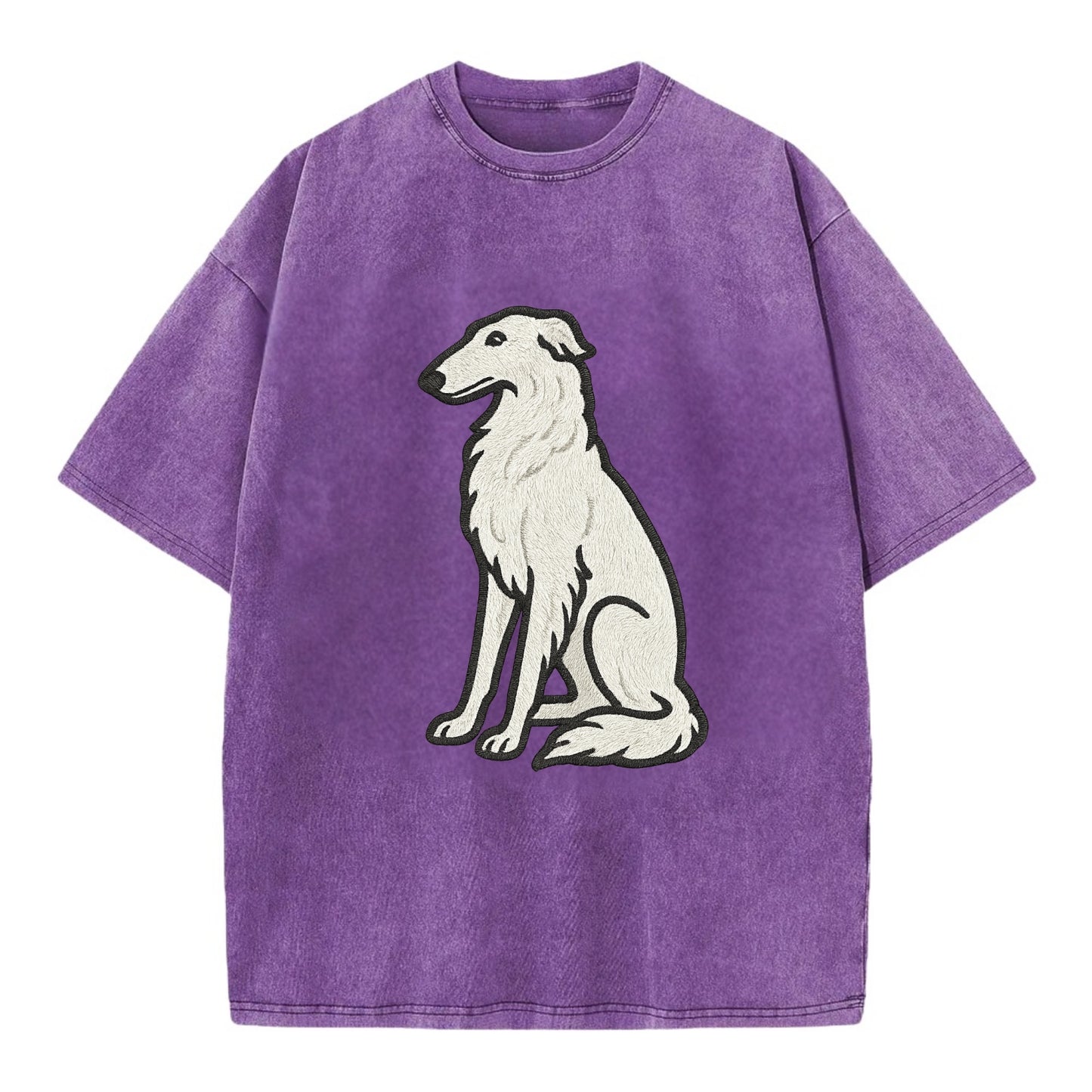 Borzoi - White embroidered sitting pose - Vintage T-shirt - Purple