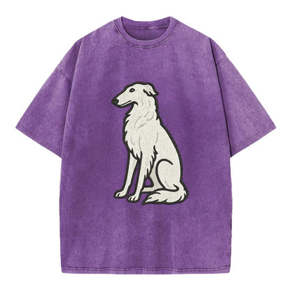 Borzoi - White embroidered sitting pose - Vintage T-shirt - Purple