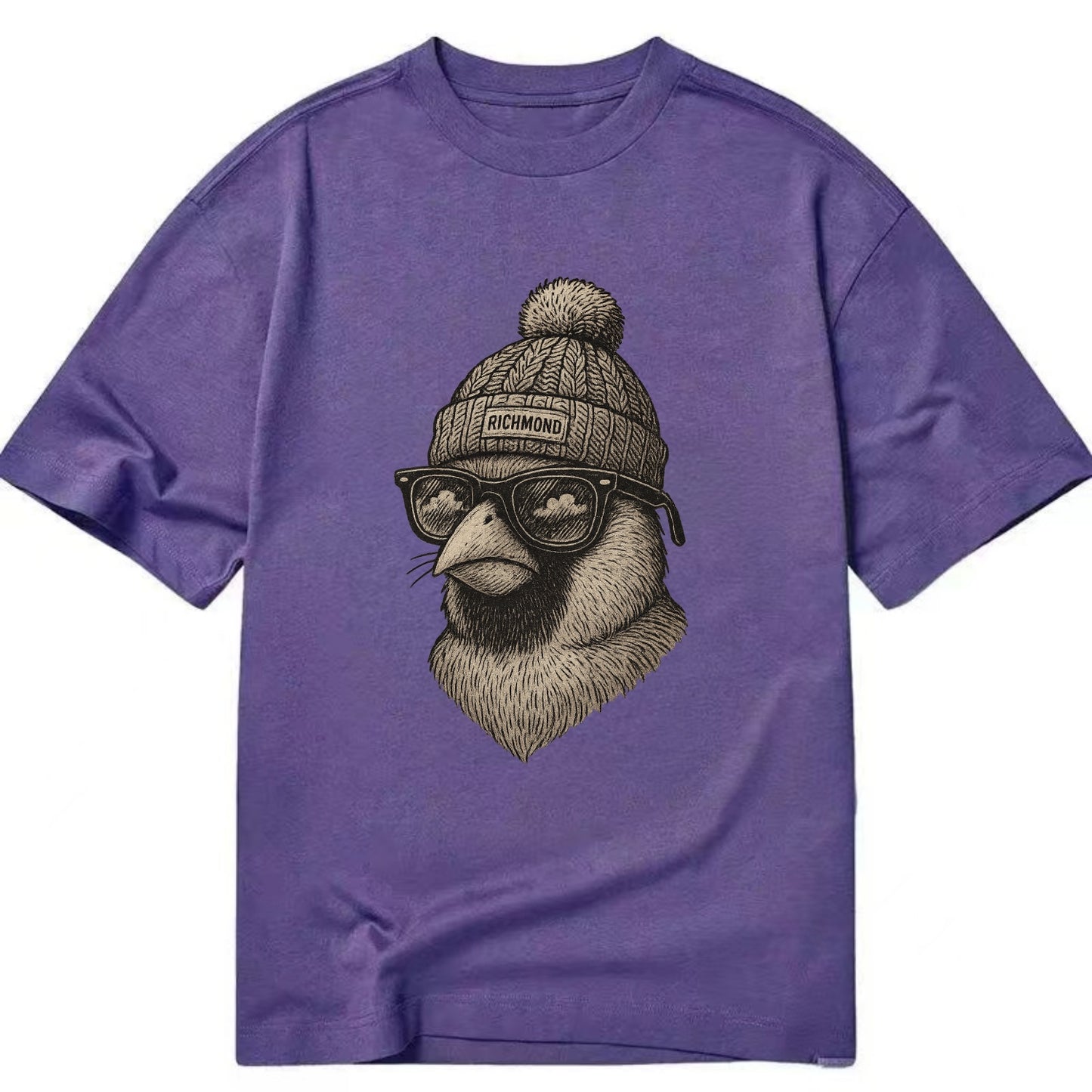 Virginia Cardinal wearing Richmond beanie with pom pom and wayfarer sunglasses - Classic T-shirt - Purple