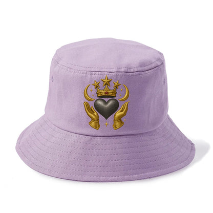 Sun goddess crown radiating golden rays over a midnight heart with henna-adorned hands. - Bucket Hat - Purple