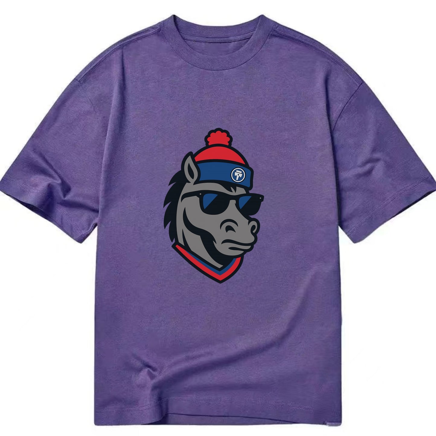 Detroit Stallion wearing Pistons red and blue beanie with piston patch and - Classic T-shirt - Purple