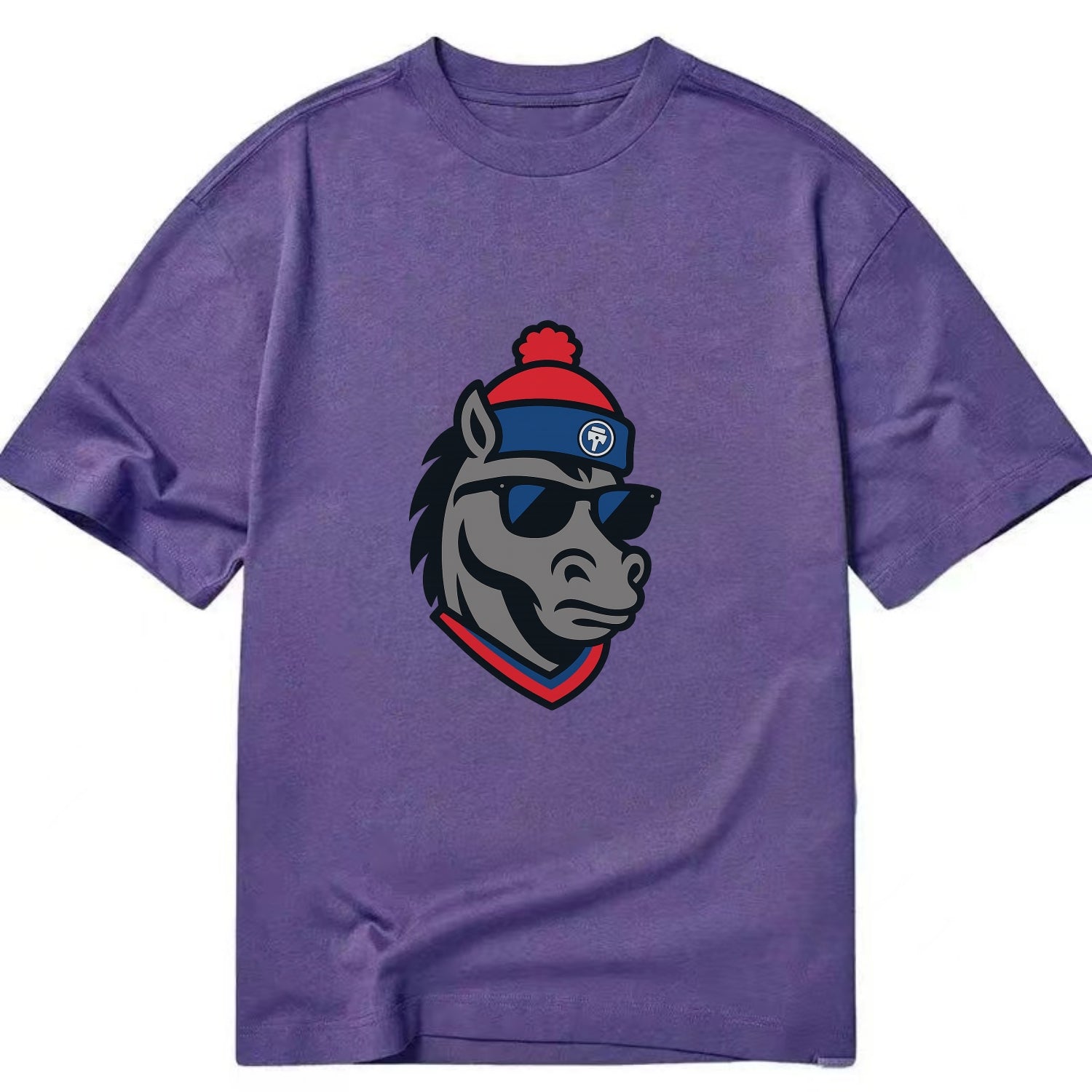 Detroit Stallion wearing Pistons red and blue beanie with piston patch and - Classic T-shirt - Purple