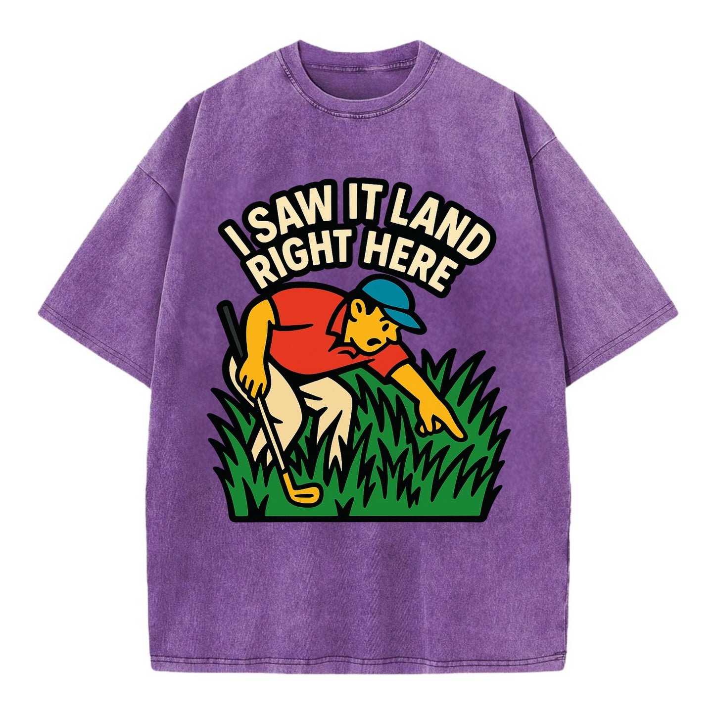 Golfer searching in deep rough - "I Saw It Land Right Here" - lost ball saga - Vintage T-shirt - Purple