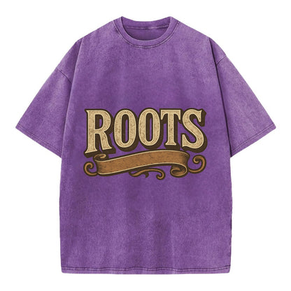 Bold typography design - "ROOTS" - where you come from, heritage - Vintage T-shirt - Purple
