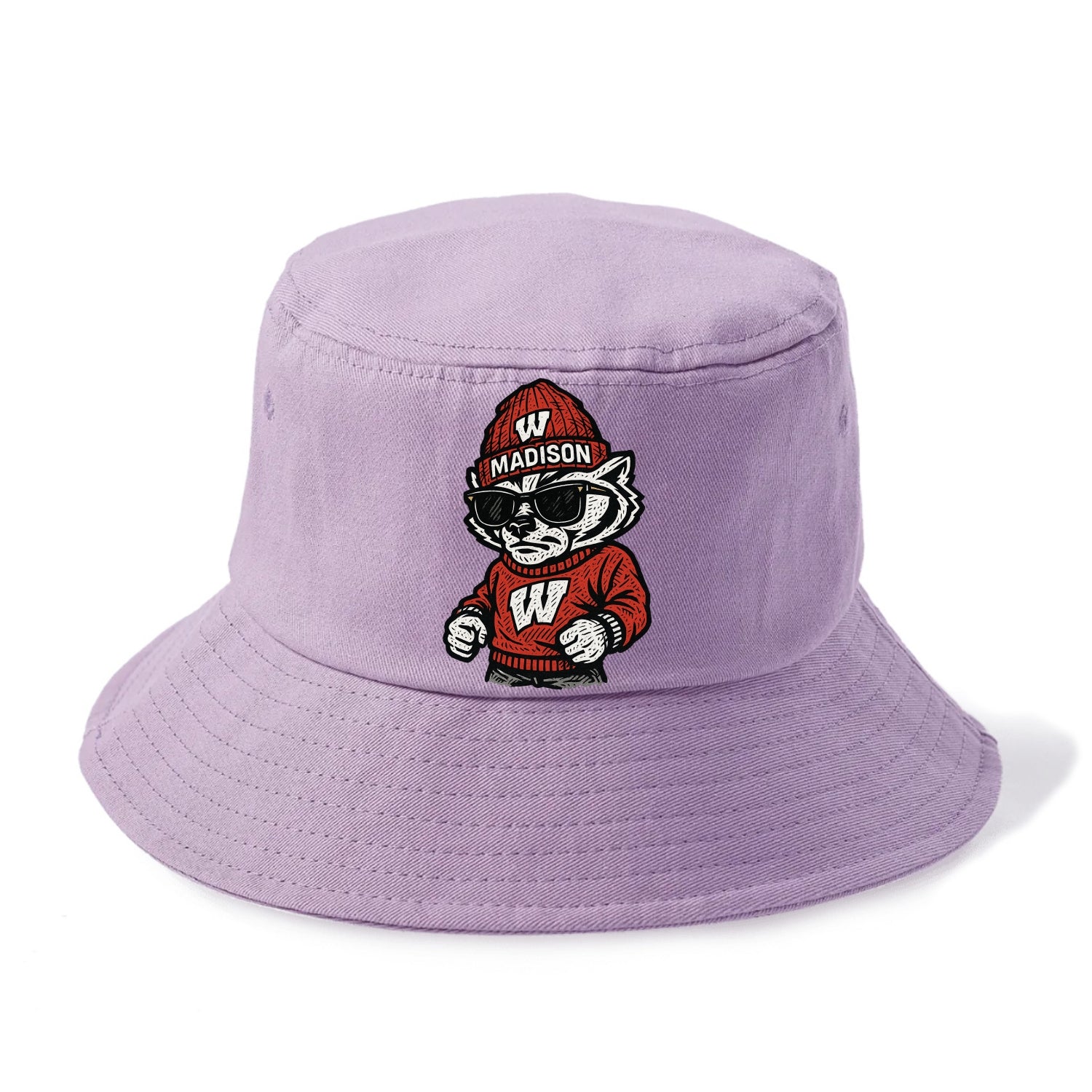 Madison Badger wearing Wisconsin beanie with motion W patch - Bucket Hat - Purple
