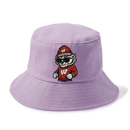 Madison Badger wearing Wisconsin beanie with motion W patch - Bucket Hat - Purple
