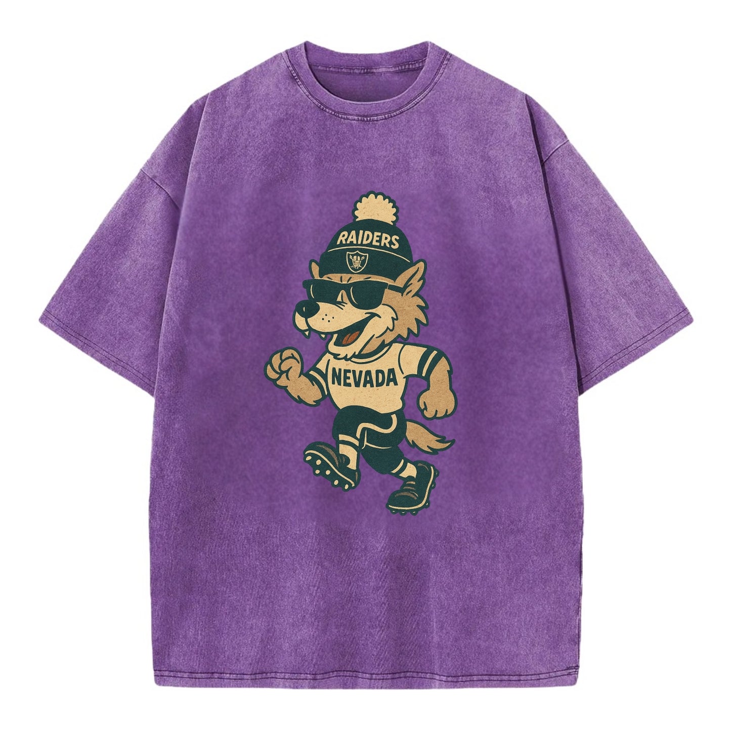 Nevada Wolf wearing Raiders beanie with outlaw patch and wayfarer sunglasses - Vintage T-shirt - Purple