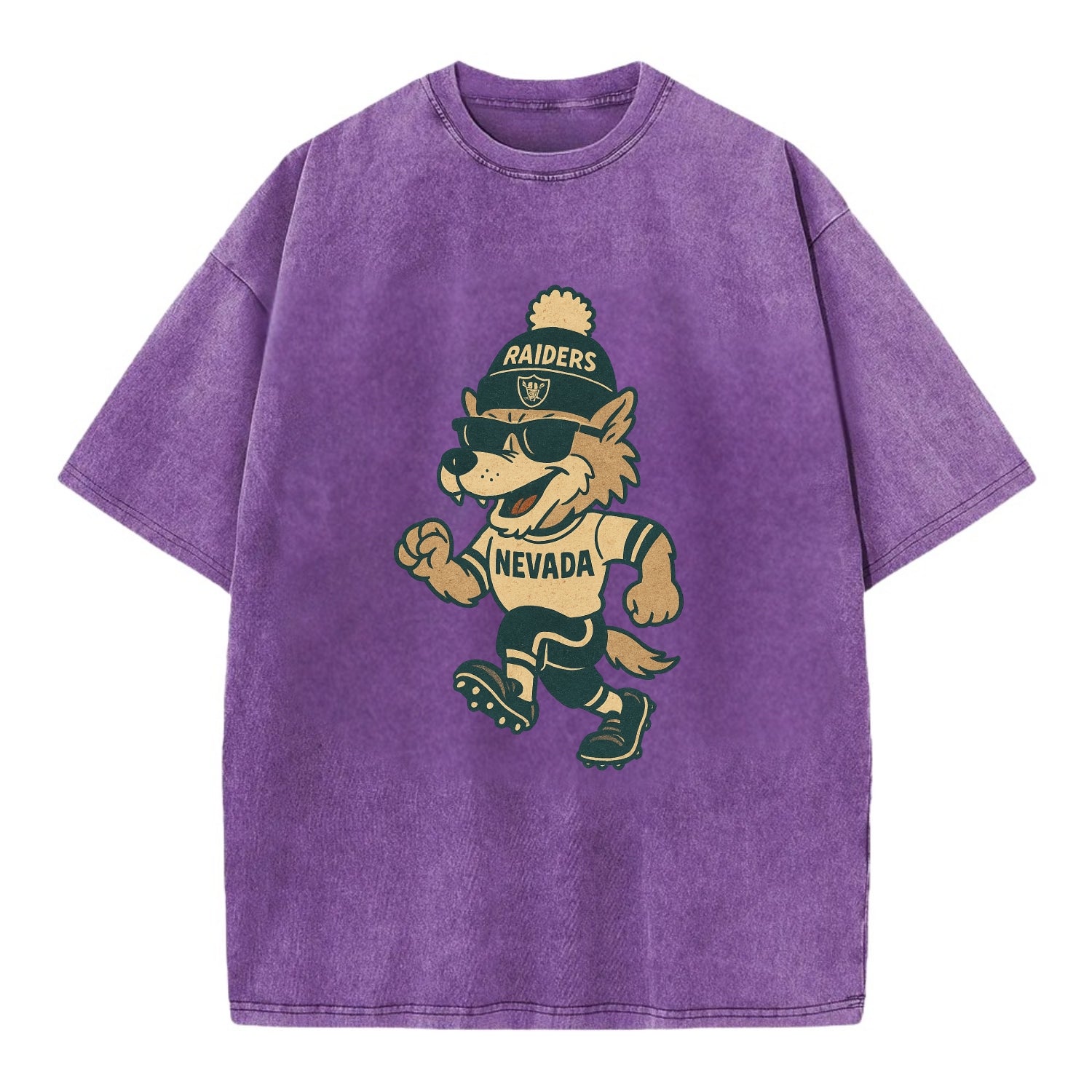 Nevada Wolf wearing Raiders beanie with outlaw patch and wayfarer sunglasses - Vintage T-shirt - Purple