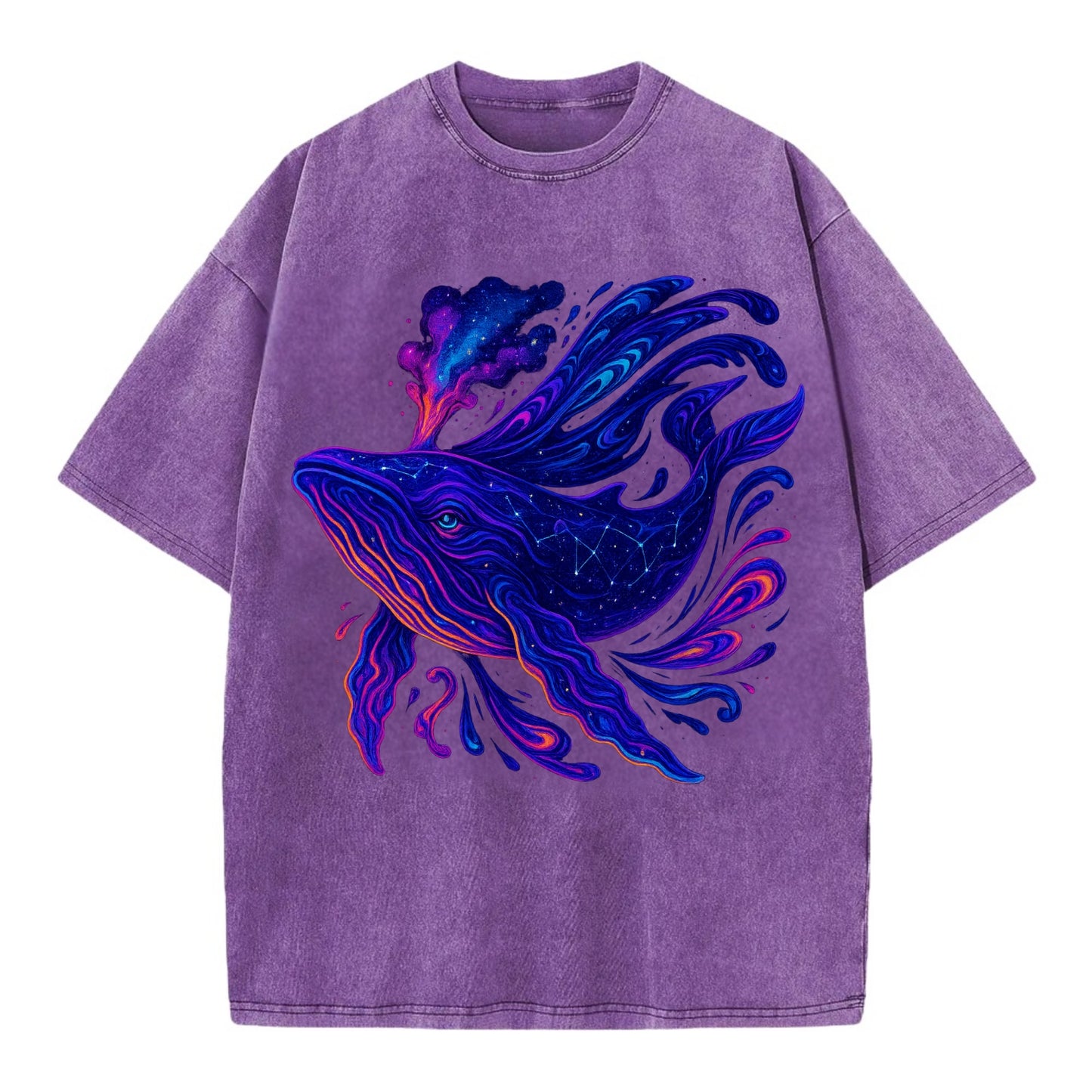 Majestic whale with body composed of galaxy clusters, stellar fins flowing like - Vintage T-shirt - Purple