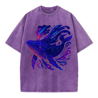 Majestic whale with body composed of galaxy clusters, stellar fins flowing like - Vintage T-shirt - Purple