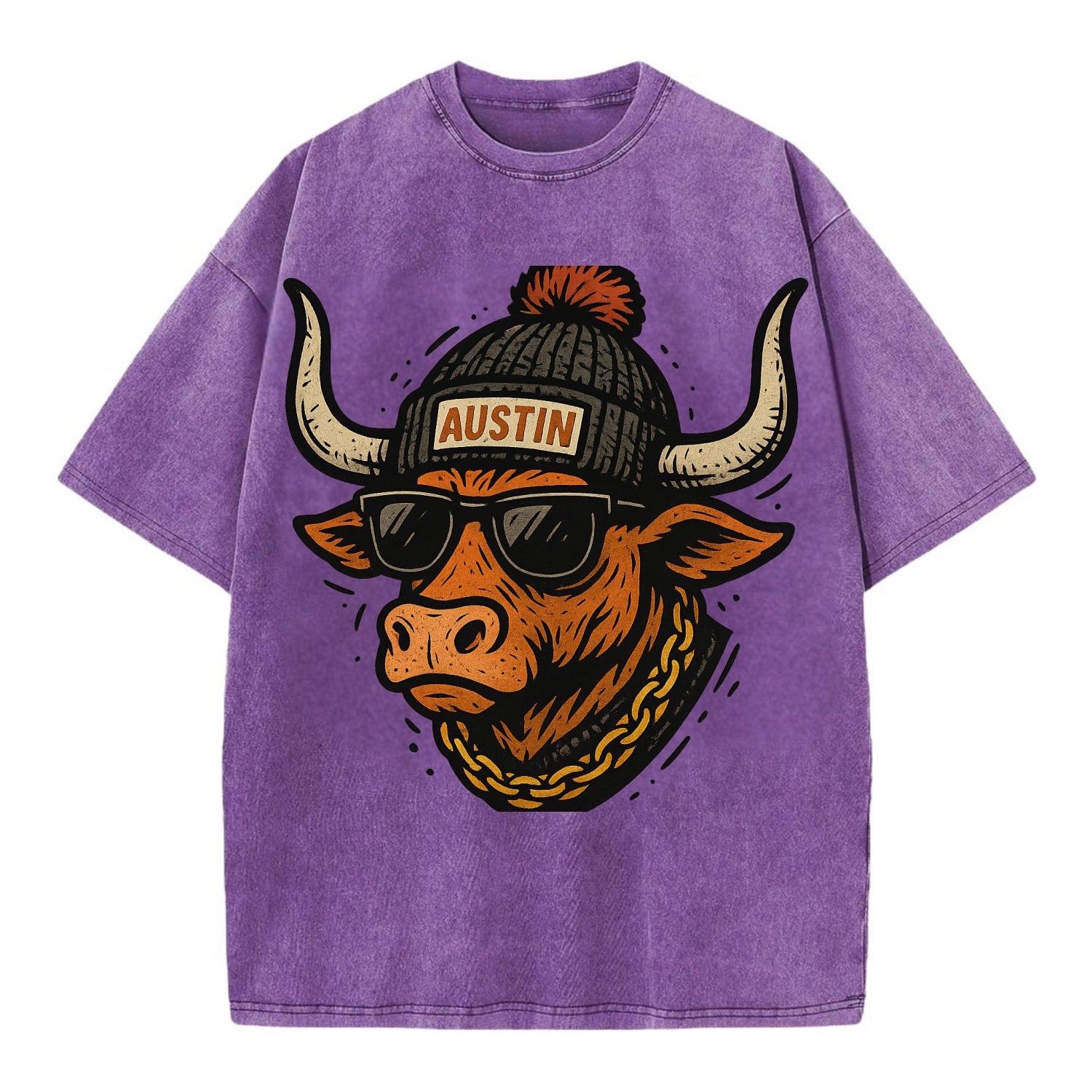 Texas Longhorn wearing Austin beanie with pom pom and wayfarer sunglasses - Vintage T-shirt - Purple