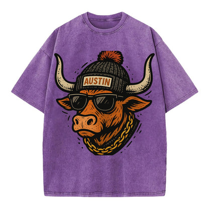 Texas Longhorn wearing Austin beanie with pom pom and wayfarer sunglasses - Vintage T-shirt - Purple