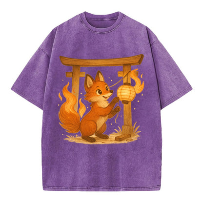 Foxfire kitsune stringing lanterns along a torii gate with tails of living flame - Vintage T-shirt - Purple
