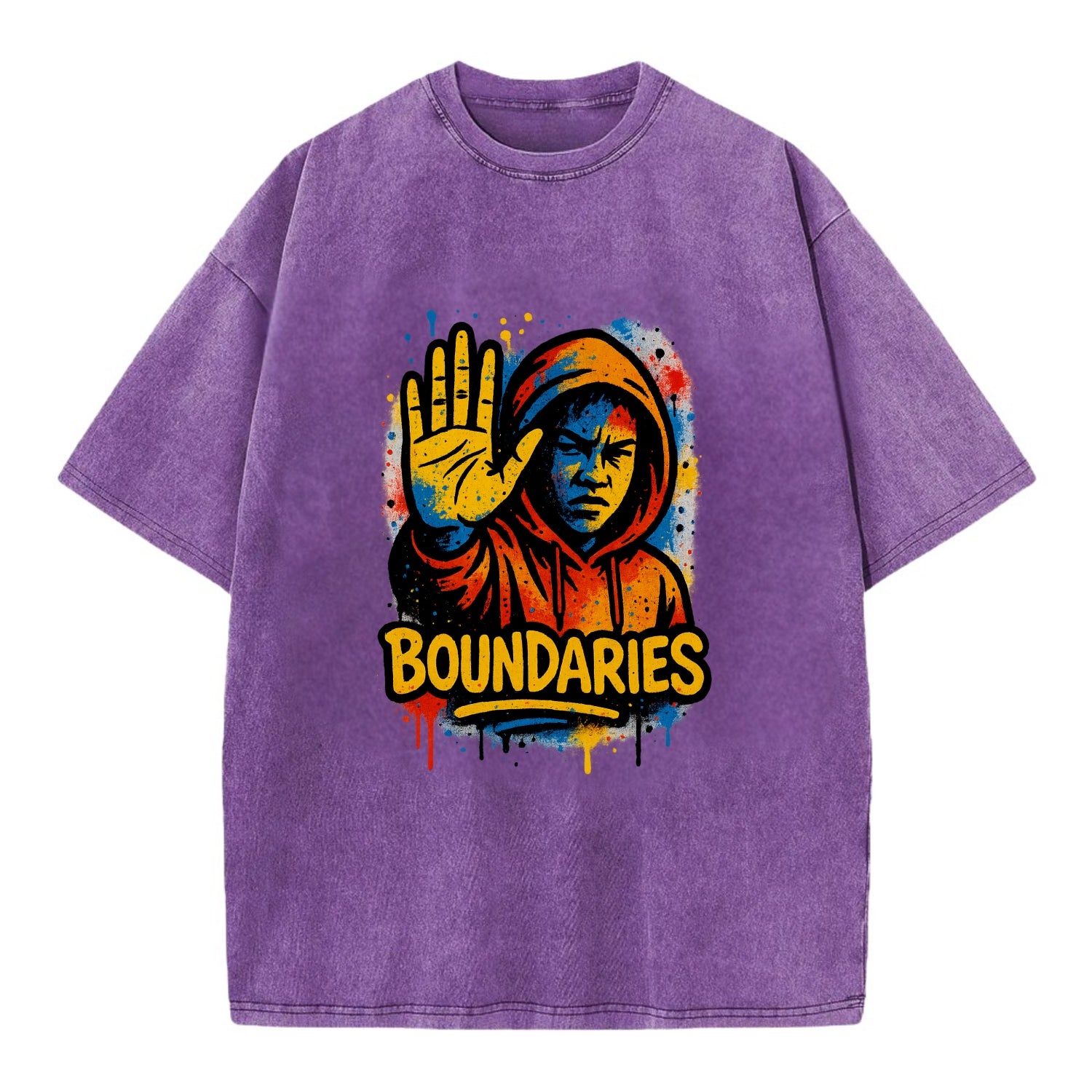 Person holding up hand in "stop" gesture - setting boundaries concept, - Vintage T-shirt - Purple