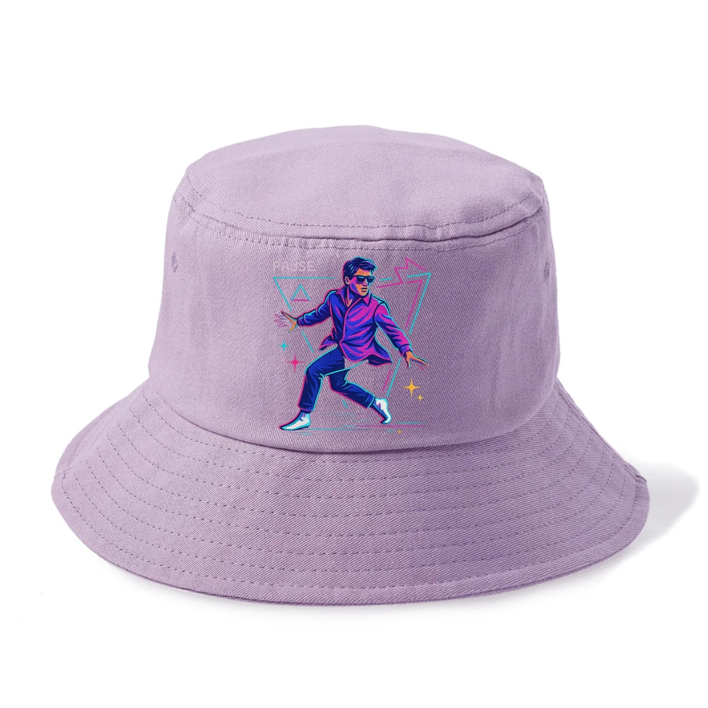 confident figure sliding across polished wooden floor in socks and sunglasses - Bucket Hat - Purple