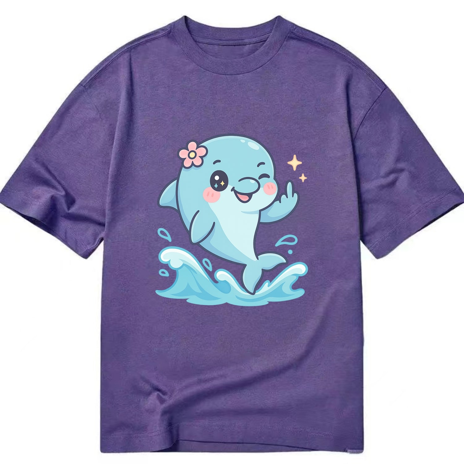 smiling dolphin jumping through ocean waves, one fin up with attitude - Classic T-shirt - Purple