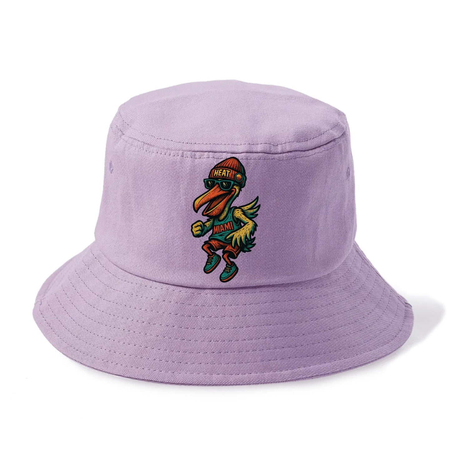 Miami Pelican wearing Heat beanie with sunset patch and wayfarer sunglasses - Bucket Hat - Purple