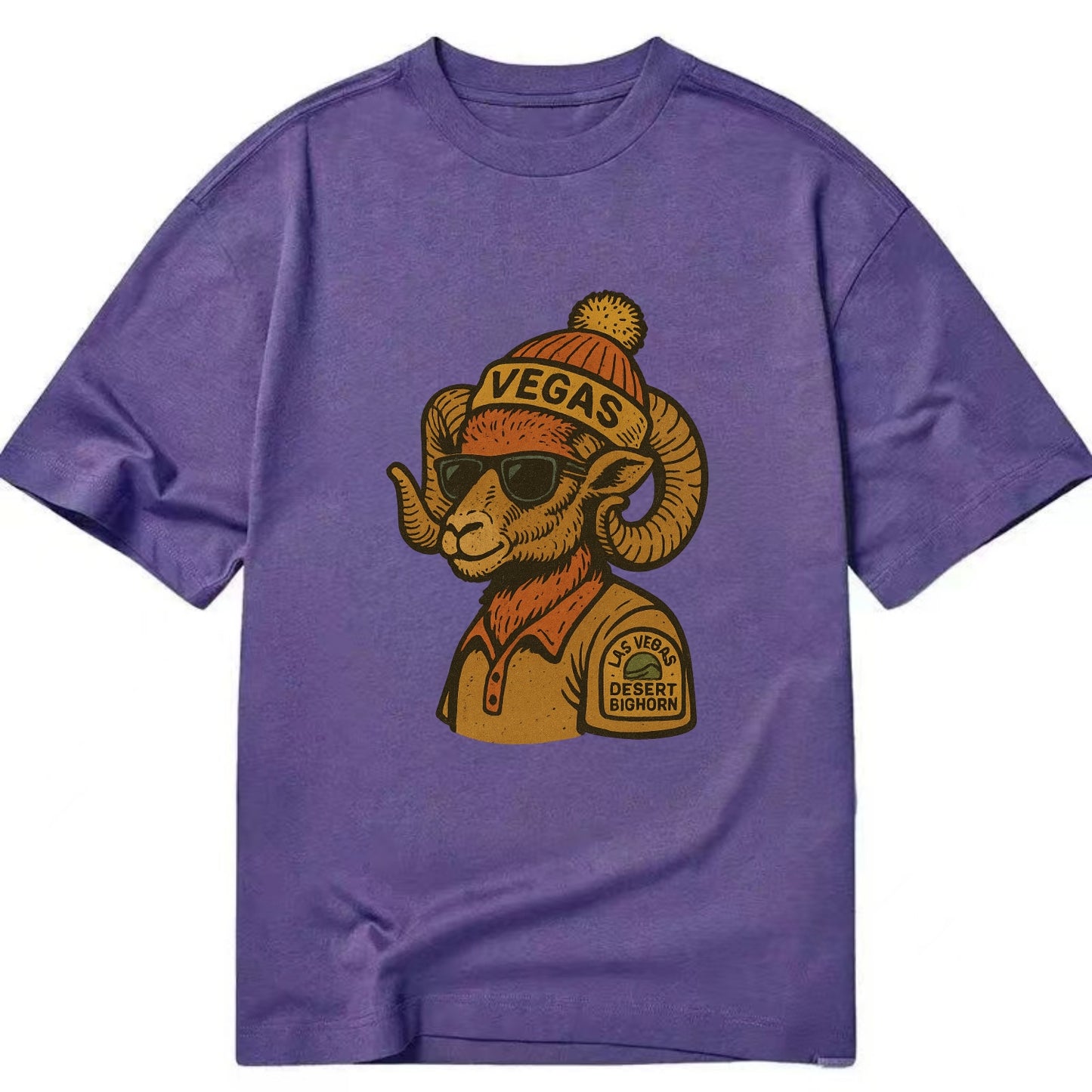 Las Vegas Desert Bighorn wearing Vegas beanie with pom pom and wayfarer sunglasses - Classic T-shirt - Purple