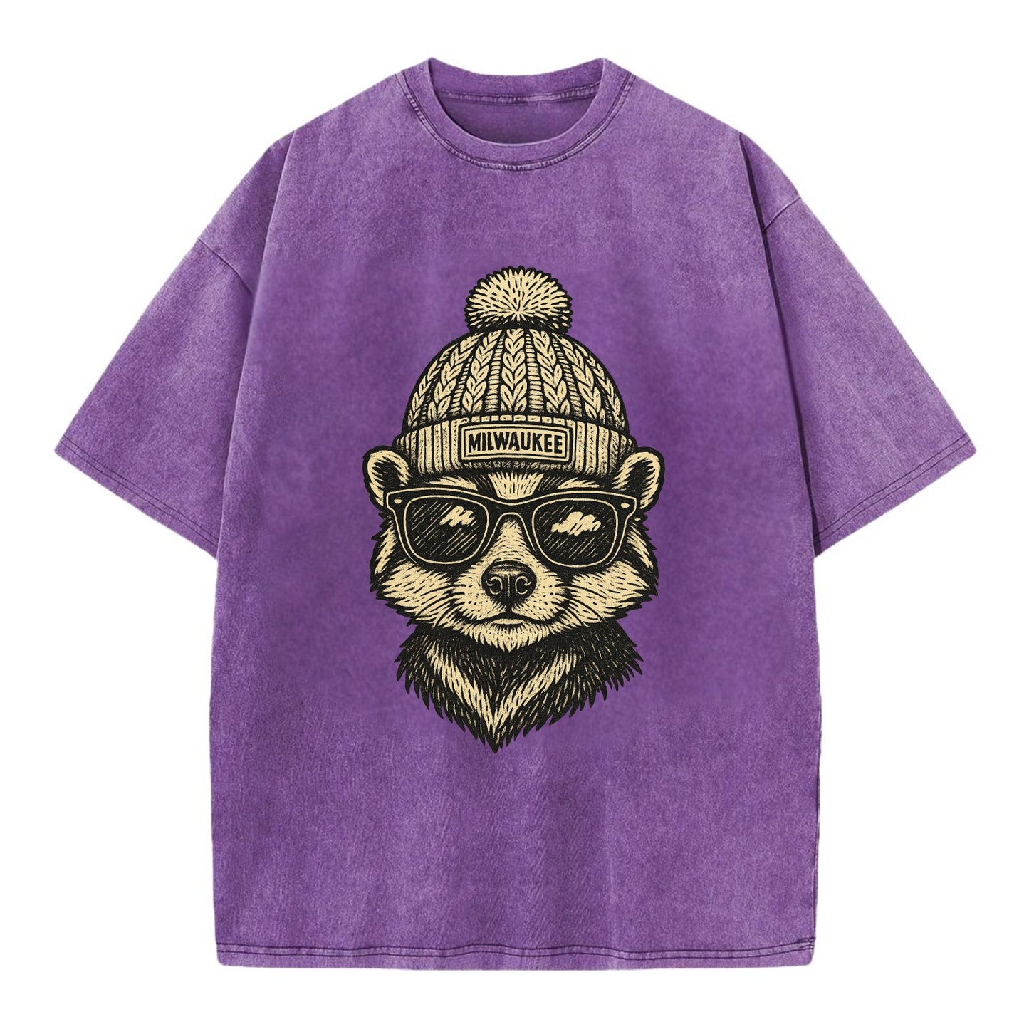 Wisconsin Badger wearing Milwaukee beanie with pom pom and wayfarer sunglasses - Vintage T-shirt - Purple