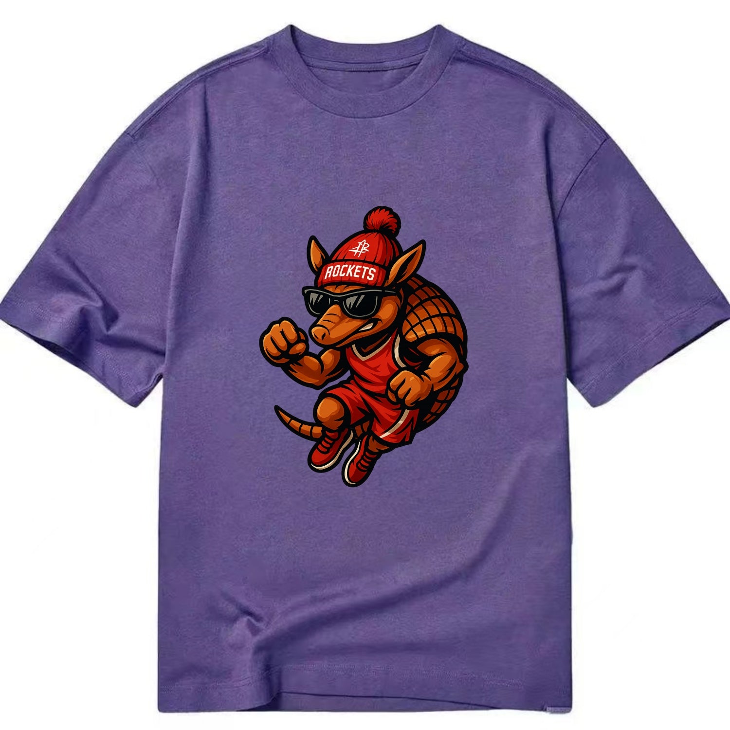 Houston Armadillo wearing Rockets red and silver beanie with rocket ship and - Classic T-shirt - Purple