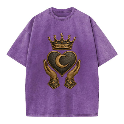 Moonlit crescent crown cradling a hematite heart with stargazer hands cupped - Vintage T-shirt - Purple