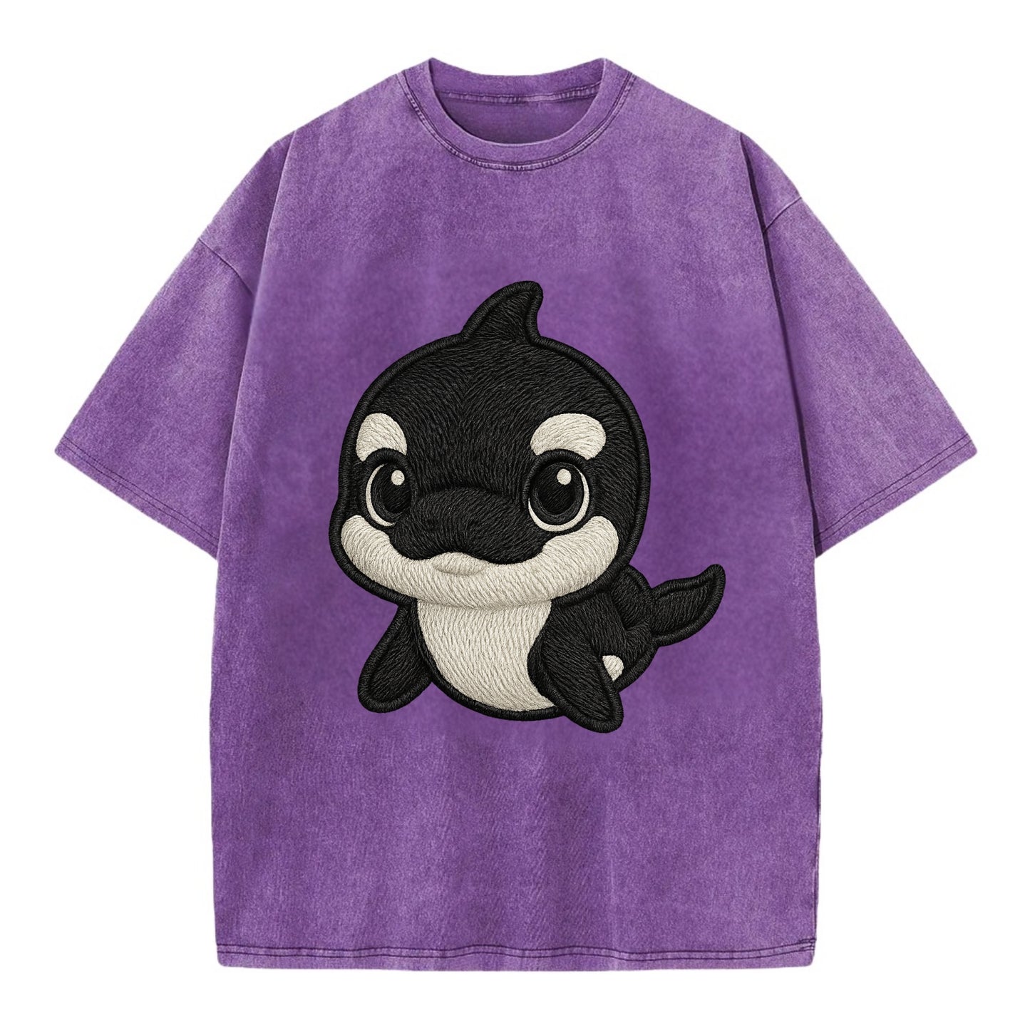 Baby Orca - black and white pattern, white eye patch, front-facing, curious and - Vintage T-shirt - Purple