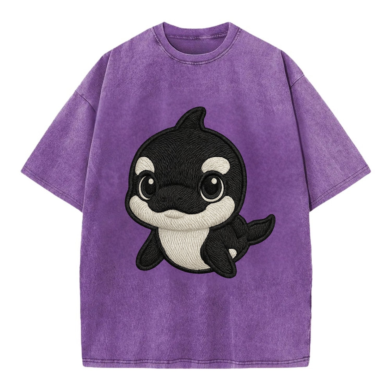 Baby Orca - black and white pattern, white eye patch, front-facing, curious and - Vintage T-shirt - Purple