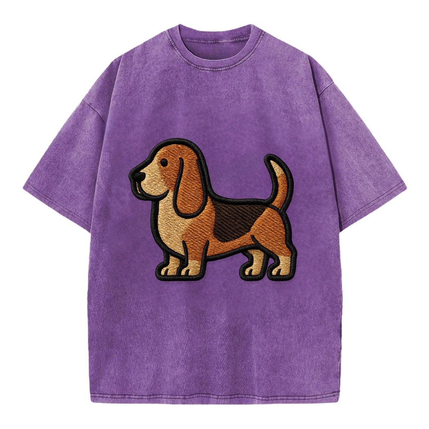 Basset Hound - Trendy low-rider design with prominent black outline - Vintage T-shirt - Purple