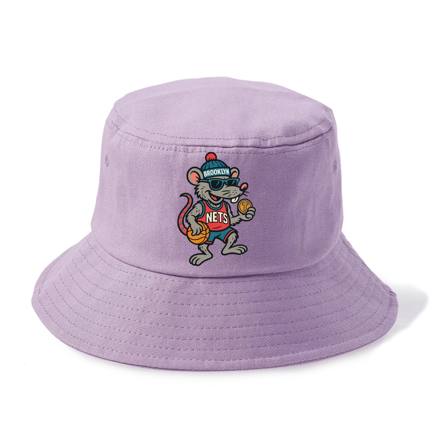 Brooklyn Rat wearing Nets beanie with subway token and wayfarer sunglasses - Bucket Hat - Purple