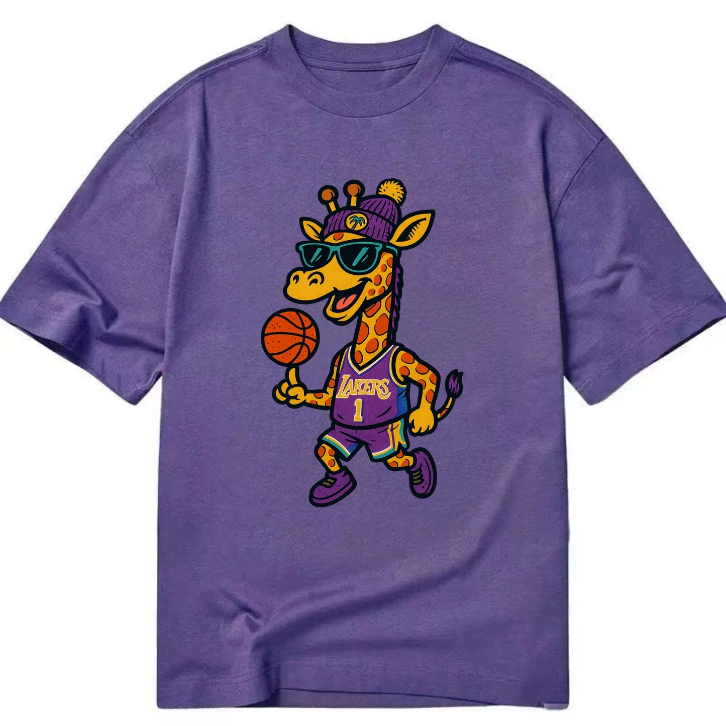 California Giraffe wearing Lakers beanie with palm tree patch and wayfarer - Classic T-shirt - Purple