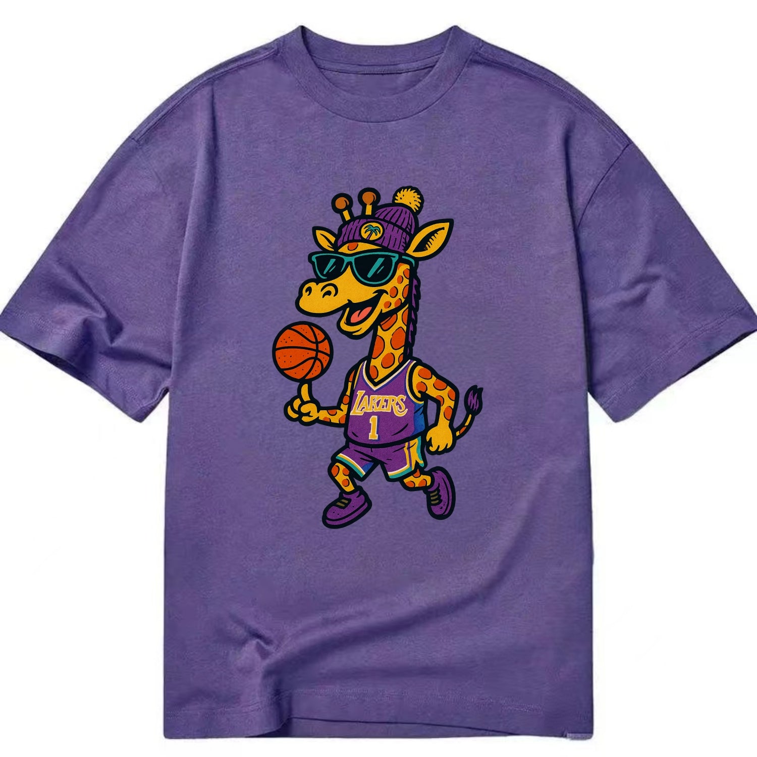 California Giraffe wearing Lakers beanie with palm tree patch and wayfarer - Classic T-shirt - Purple