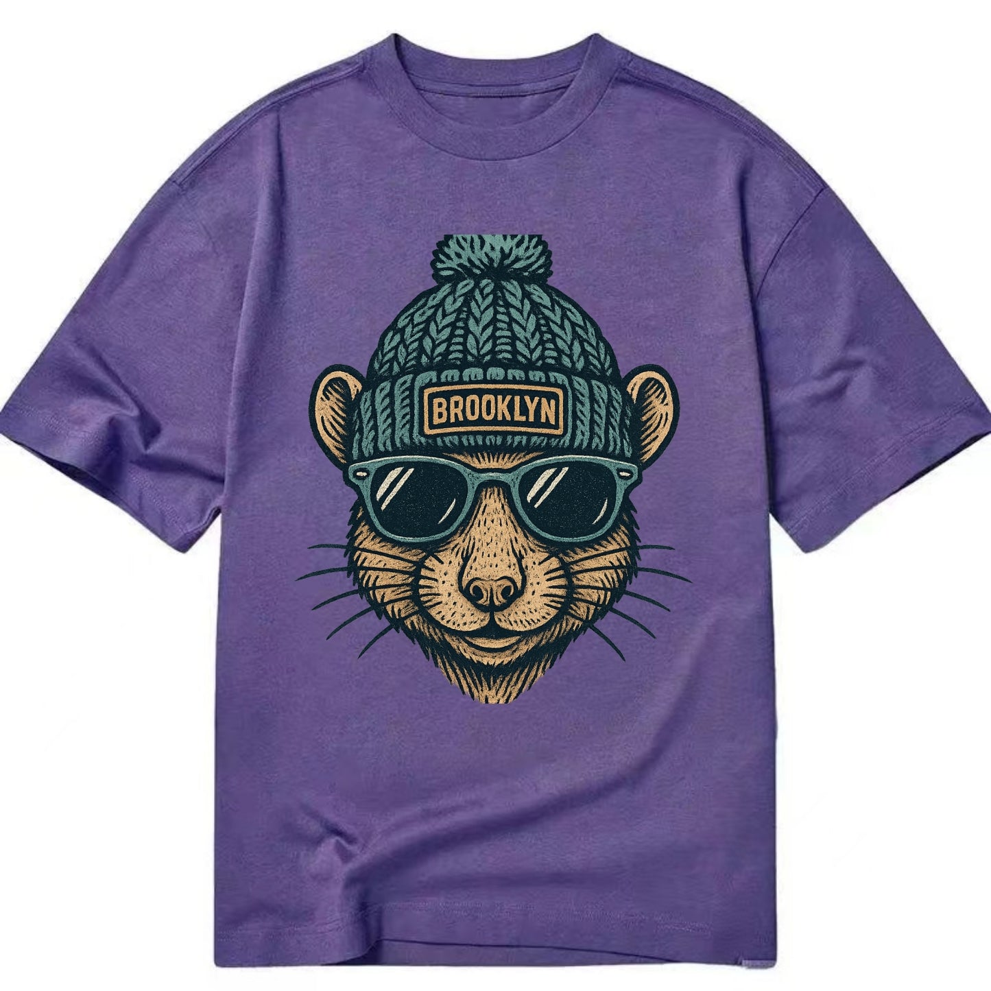 NYC Rat wearing Brooklyn beanie with pom pom and wayfarer sunglasses - Classic T-shirt - Purple