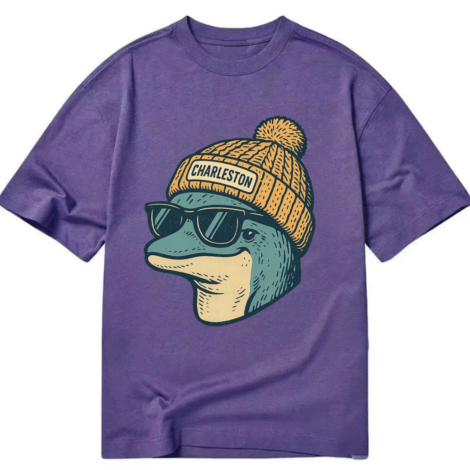 Charleston Dolphin wearing Charleston beanie with pom pom and wayfarer sunglasses - Classic T-shirt - Purple