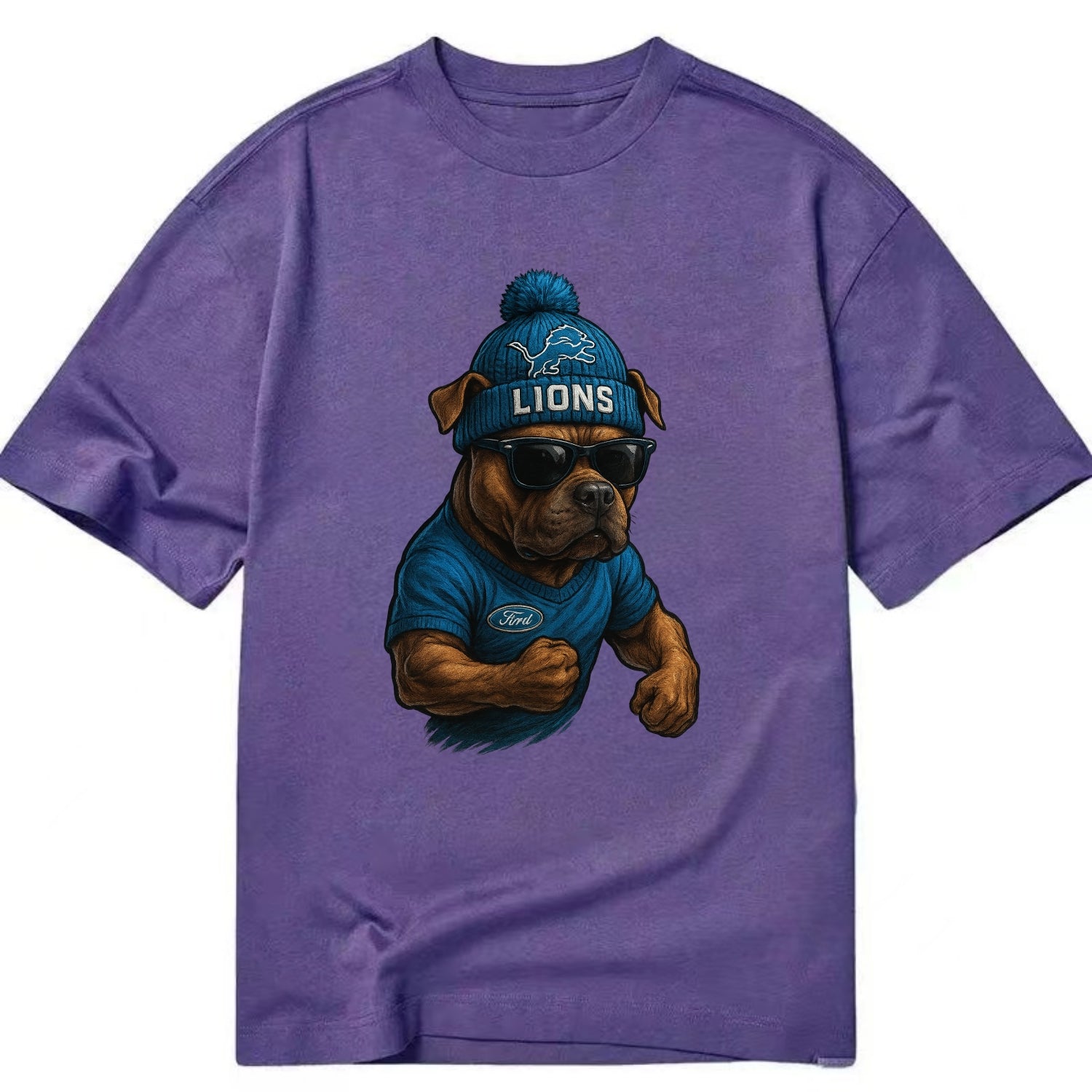 Detroit Pitbull wearing Lions beanie with auto patch and wayfarer sunglasses - Classic T-shirt - Purple