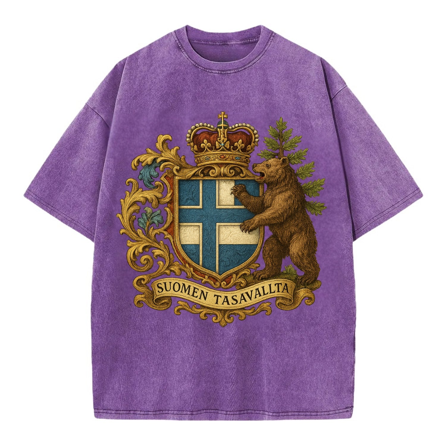 Finland Brown Bear Emblem  - Vintage T-shirt - Purple