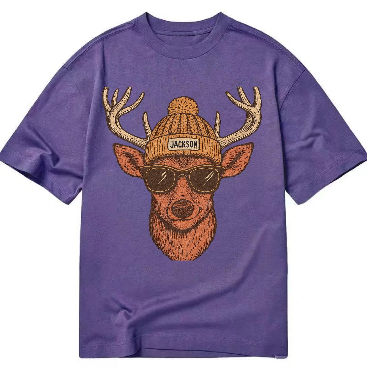 Mississippi White-tailed Deer wearing Jackson beanie with pom pom and wayfarer - Classic T-shirt - Purple