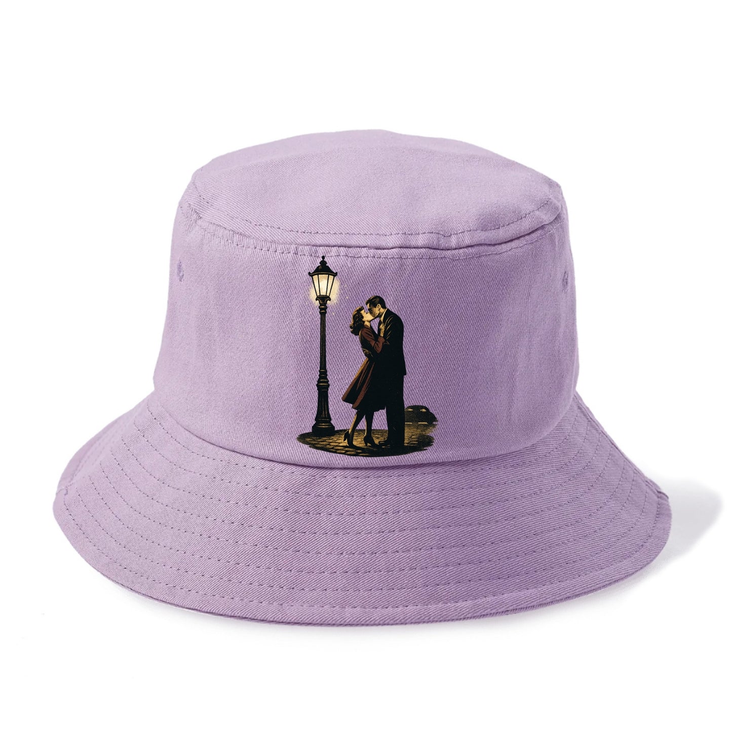 first kiss under vintage street lamp on cobblestone at night - Bucket Hat - Purple