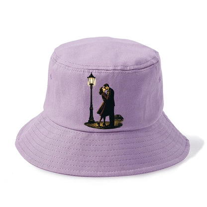 first kiss under vintage street lamp on cobblestone at night - Bucket Hat - Purple