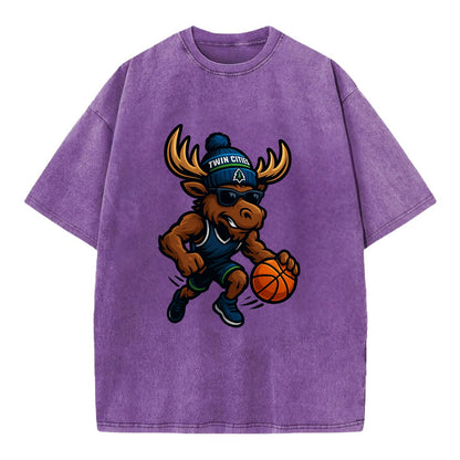 Twin Cities Moose wearing Timberwolves beanie with pine tree patch and wayfarer - Vintage T-shirt - Purple