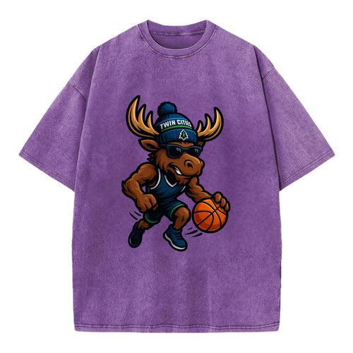 Twin Cities Moose wearing Timberwolves beanie with pine tree patch and wayfarer - Vintage T-shirt