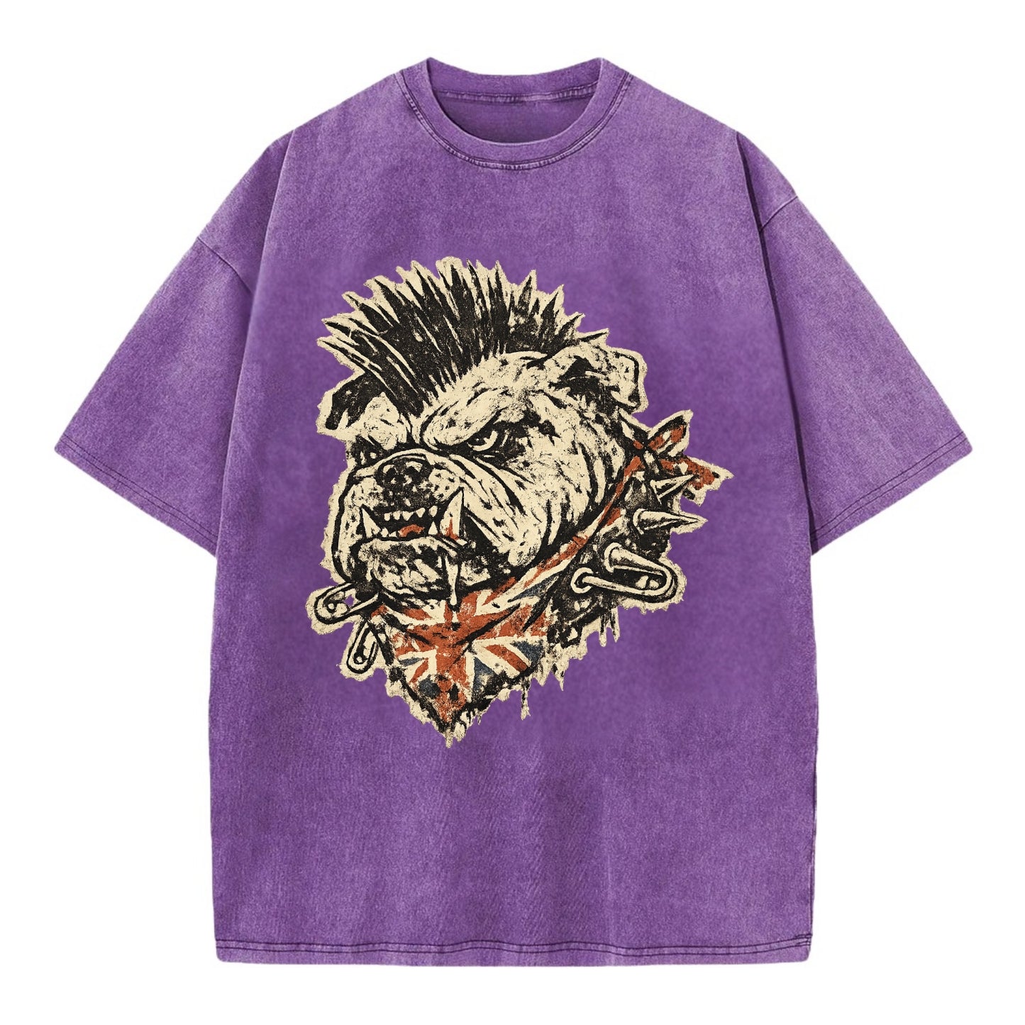 PUNK BULLDOG | British bulldog with mohawk | Safety pins through collar | Union - Vintage T-shirt - Purple