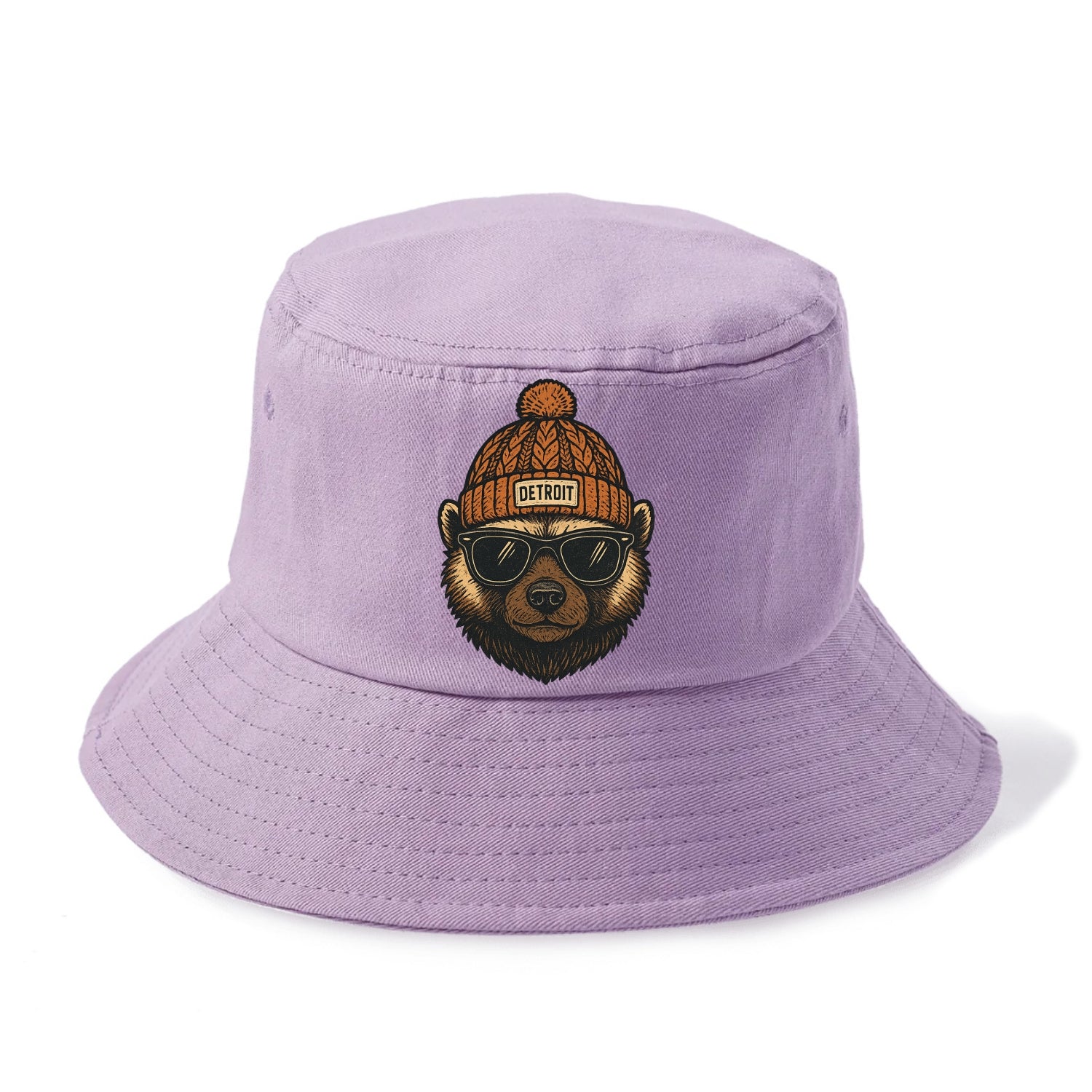 Detroit Wolverine wearing Detroit beanie with pom pom and wayfarer sunglasses - Bucket Hat - Purple