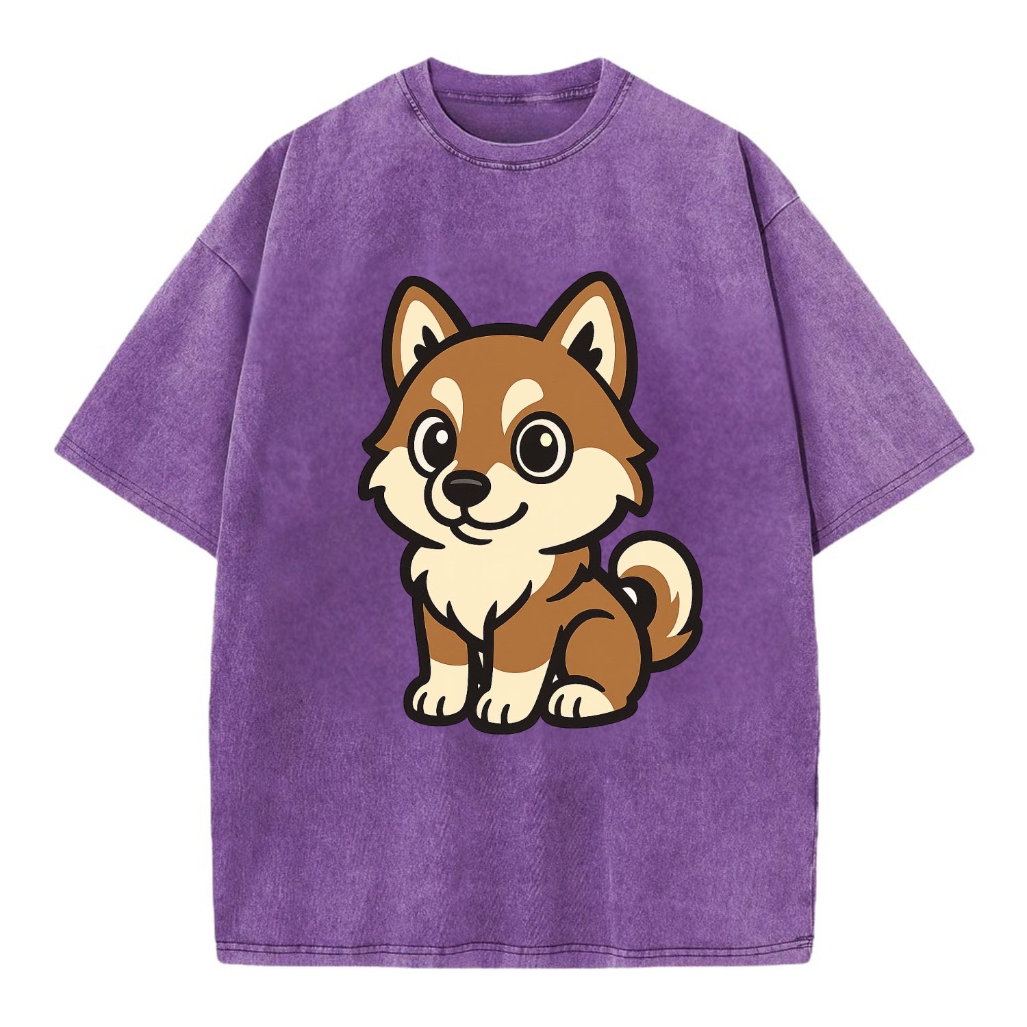 Pomsky - Pomeranian-Husky mix sitting pose - Vintage T-shirt - Purple