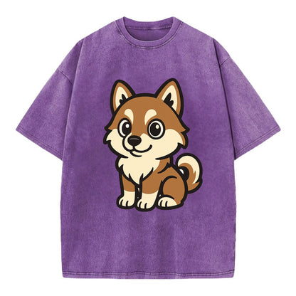 Pomsky - Pomeranian-Husky mix sitting pose - Vintage T-shirt - Purple