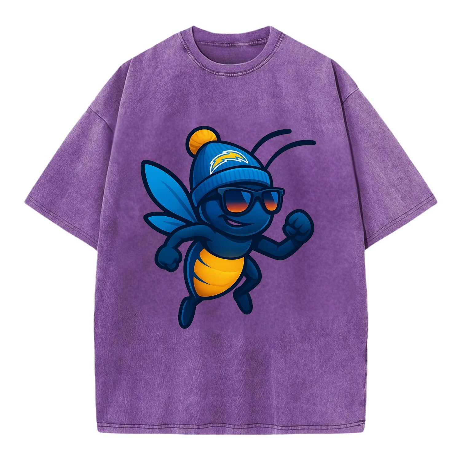 LA Lightning Bug wearing Chargers powder blue and gold beanie with pom pom and - Vintage T-shirt - Purple