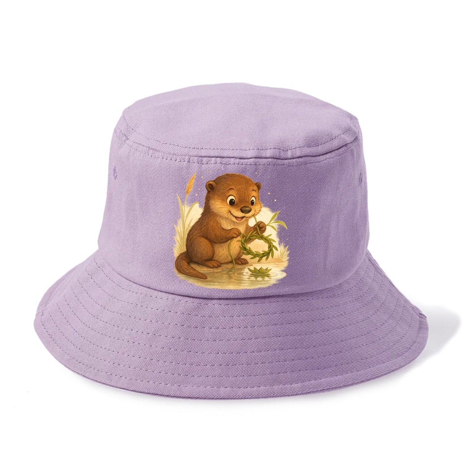 Otter weaving river reeds into a floating crown beside mirror-still water - Bucket Hat - Purple
