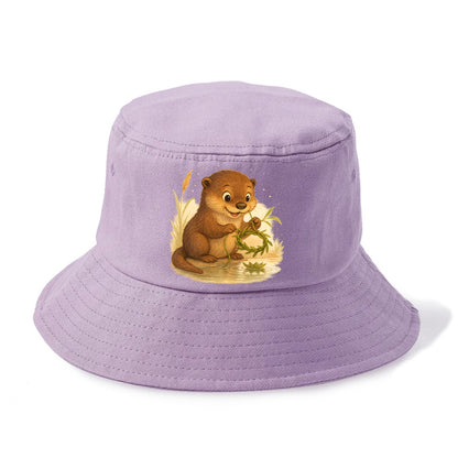Otter weaving river reeds into a floating crown beside mirror-still water - Bucket Hat - Purple